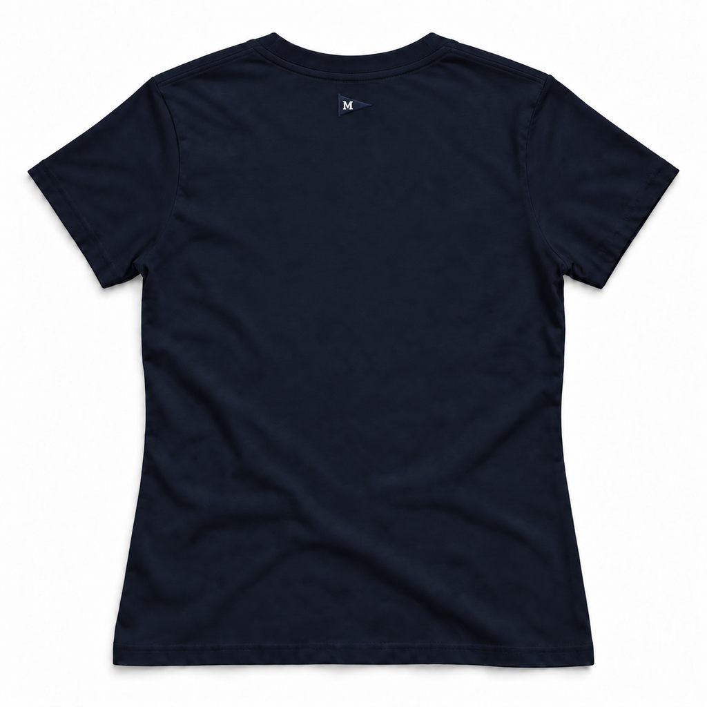 A dark navy blue short-sleeve t-shirt shown from the back, featuring a small white stylized 'M' logo printed inside the collar, set against a plain white background.