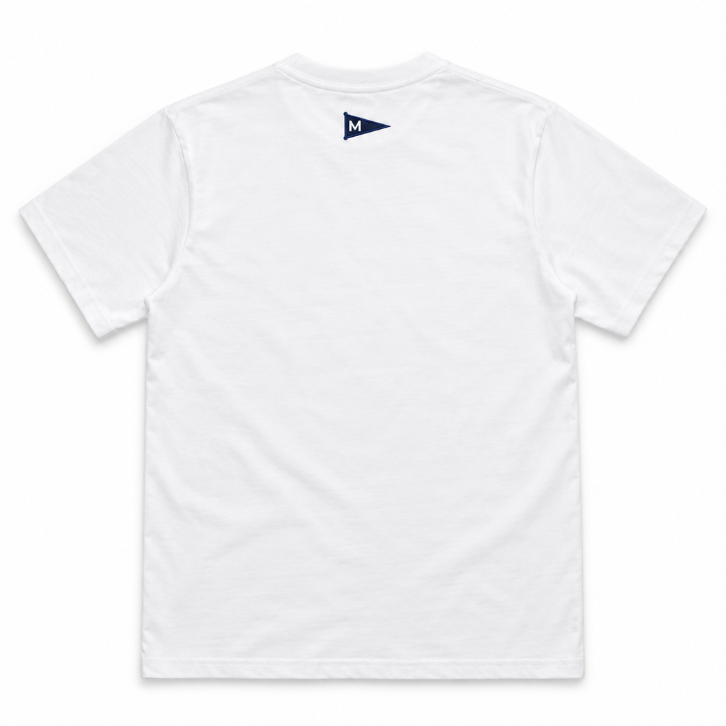 White short-sleeve crewneck t-shirt shown from the back, featuring a small navy blue flag graphic with a white letter 'M' printed inside the collar.