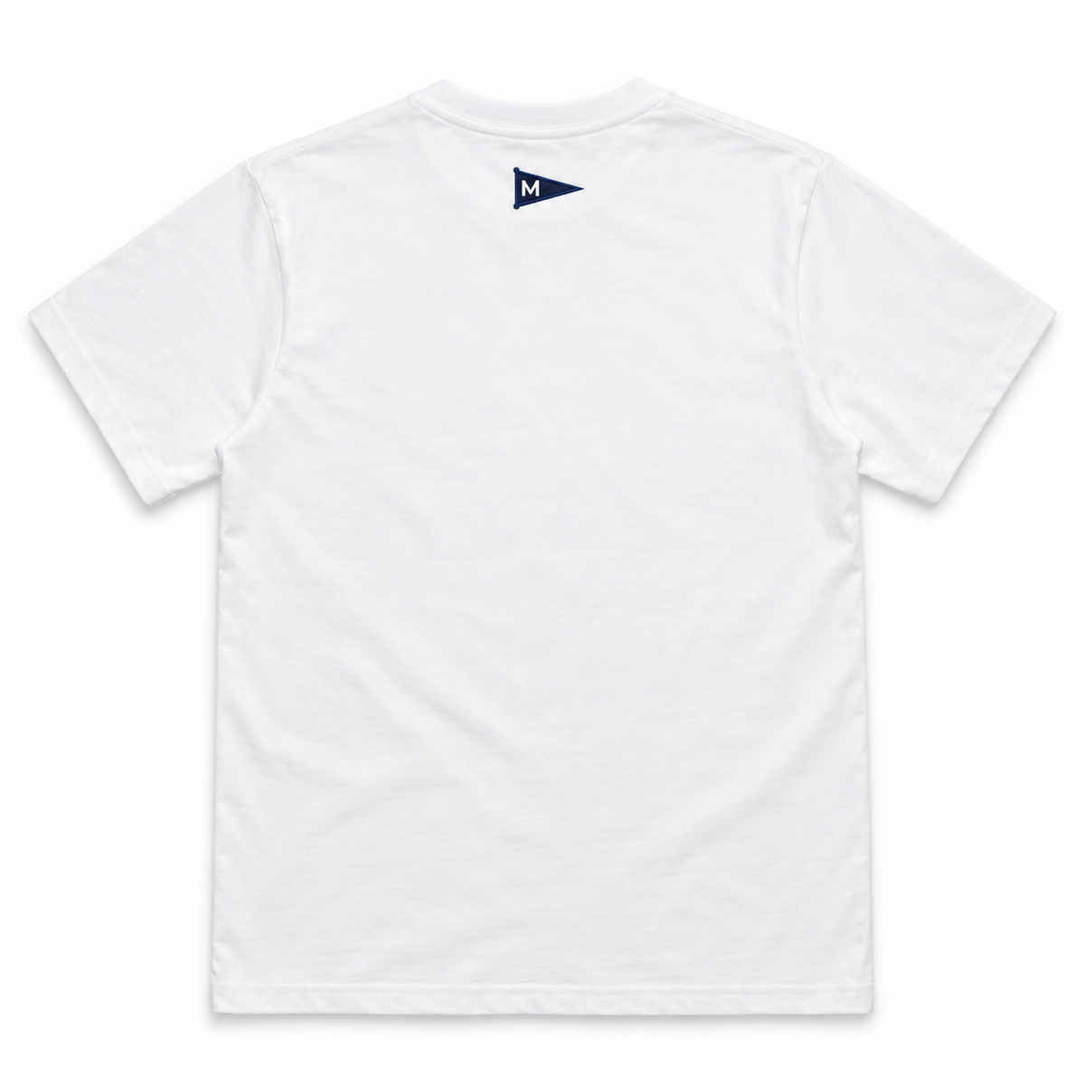 White short-sleeve crewneck t-shirt shown from the back, featuring a small navy blue flag graphic with a white letter 'M' printed inside the collar.