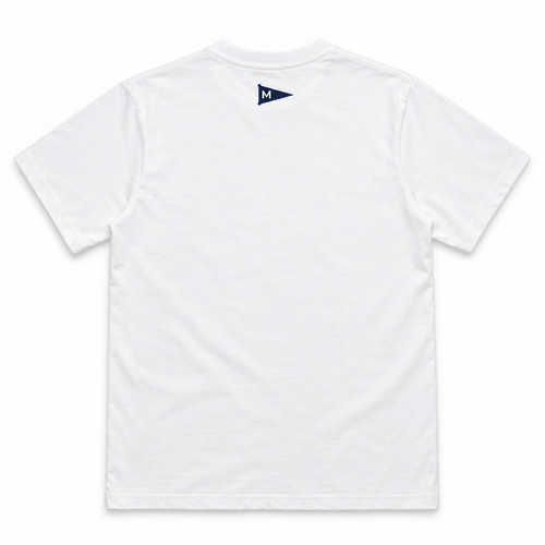 White short-sleeve crewneck t-shirt shown from the back, featuring a small navy blue flag graphic with a white letter 'M' printed inside the collar.