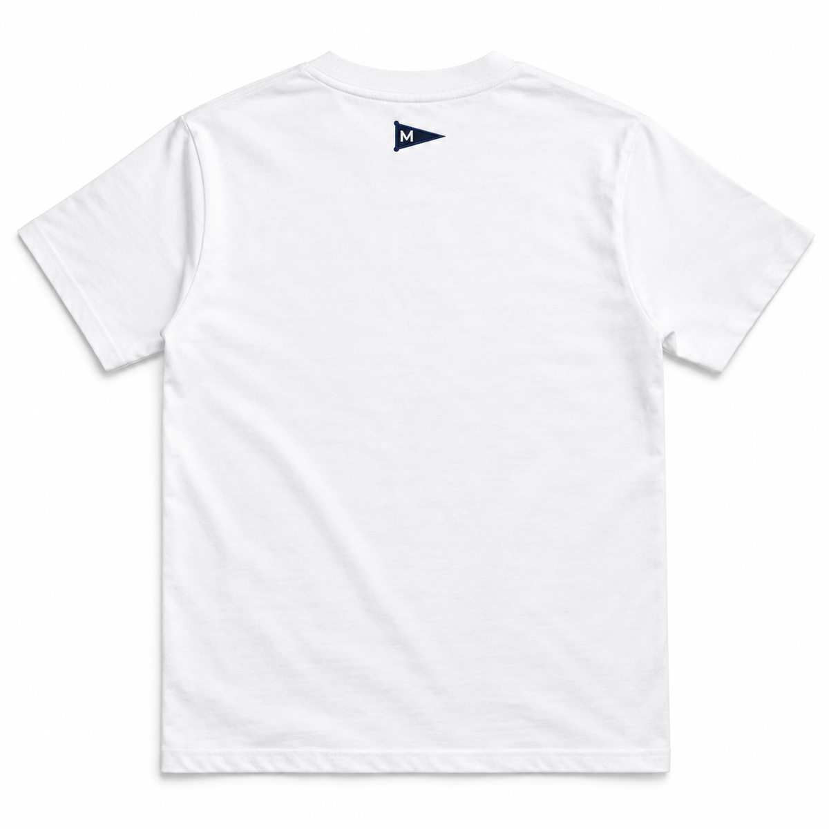 White short-sleeve crewneck t-shirt shown from the back, featuring a small navy blue flag logo with a white letter 'M' on the upper back.