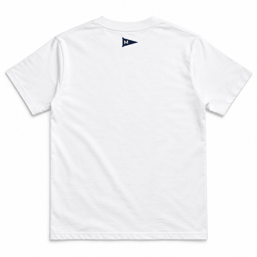 White short-sleeve crewneck t-shirt shown from the back, featuring a small navy blue flag logo with a white letter 'M' on the upper back.