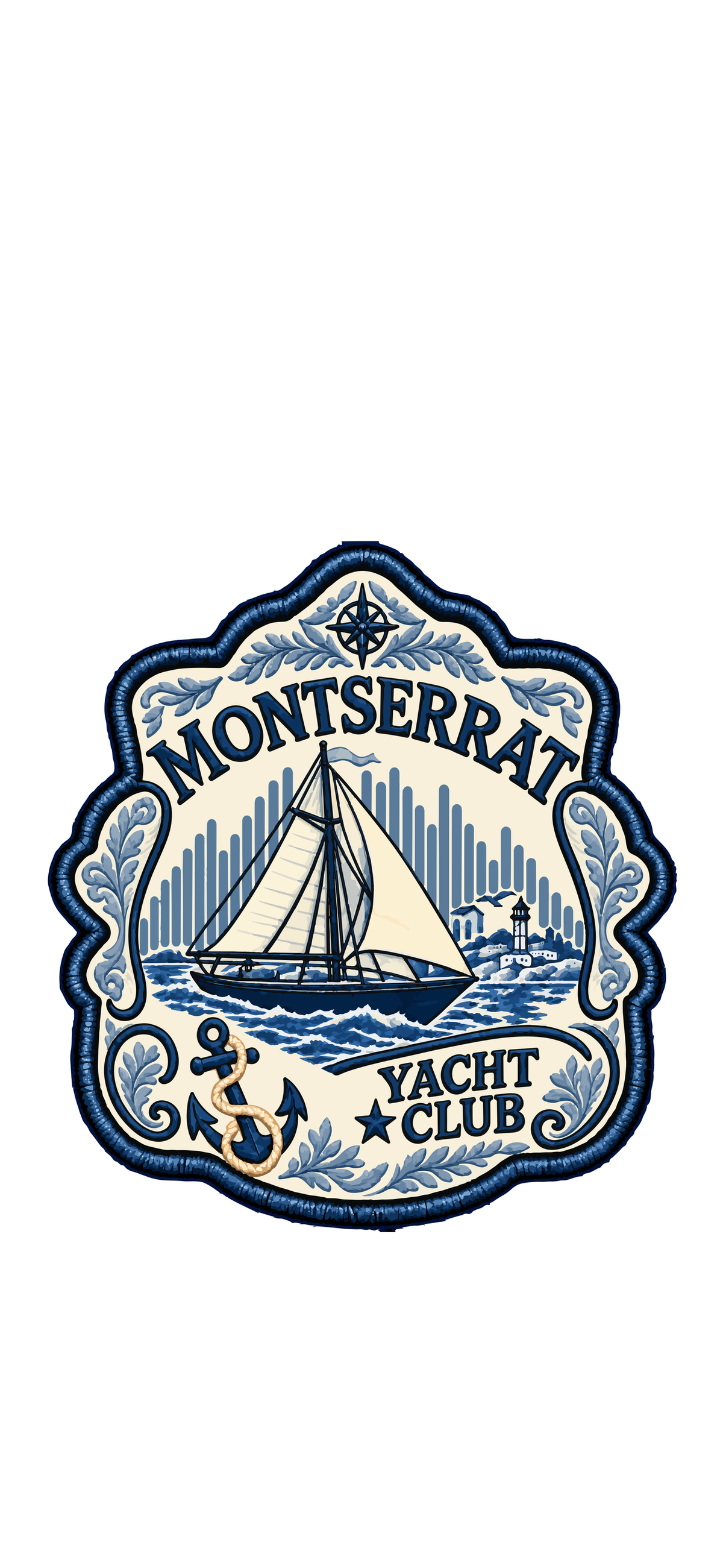 An embroidered patch featuring a blue and white sailboat on water with the text 'Montserrat Yacht Club' and an anchor, shown on a plain white background.