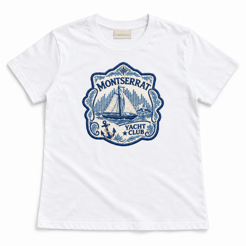 A white short-sleeve crewneck t-shirt featuring a blue and navy graphic print on the front with a sailboat, anchor, and the text 'Montserrat Yacht Club'.